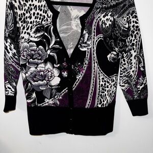 White House Black Market Black and Purple Floral Cardigan